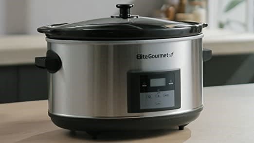 Elite Gourmet MST-900D 8.5-qt digital programmable slow cooker in stainless-steel gray and black accents