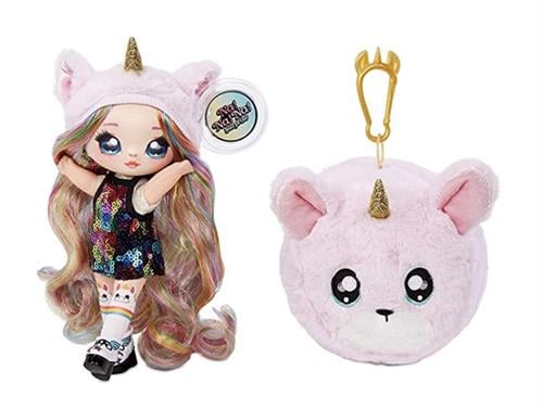 Na! Na! Na! Surprise fashion doll with multicolor hair and unicorn hat next to a plush pink unicorn pom