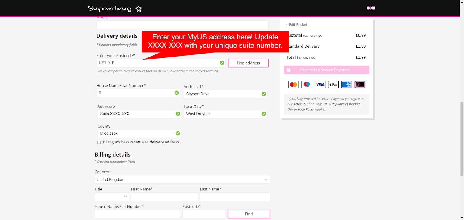 Add MyUS Address to Superdrug Guest Checkout