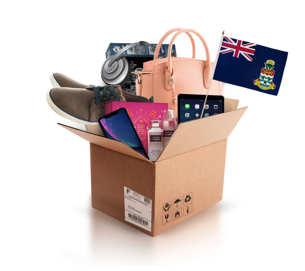 box with various products and the flag of cayman islands