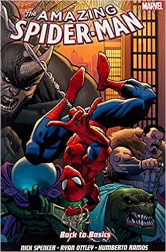 the amazing spiderman comic with peter parker's spiderman hanging upside down in front of four villians