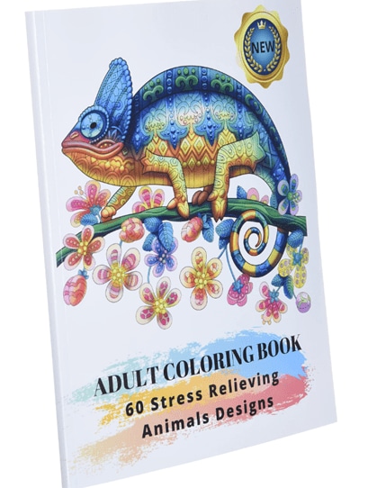 : A cover of a 60-page adult coloring book with a blue and yellow chameleon on it