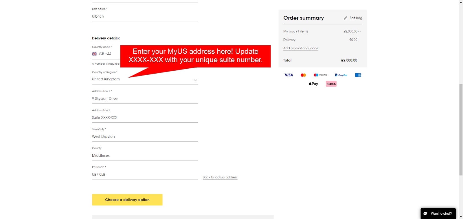 Add MyUS Address to Selfridges Guest Checkout