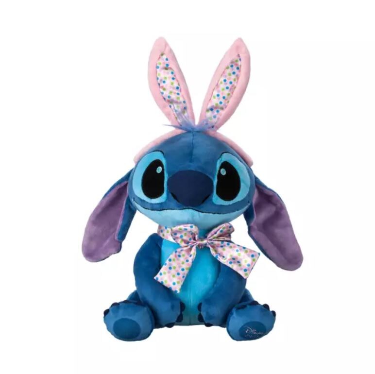 stuffed stitch toy with pink Easter bunny ears and bowtie