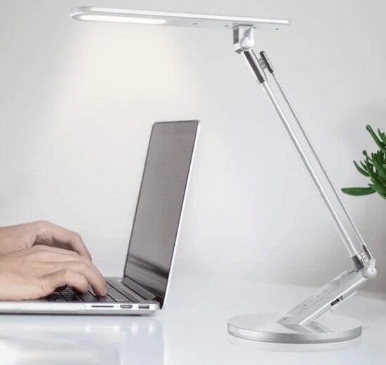 A silver Jukstg LED Desk Lamp in between a silver Apple Laptop and a green houseplant in a white planter
