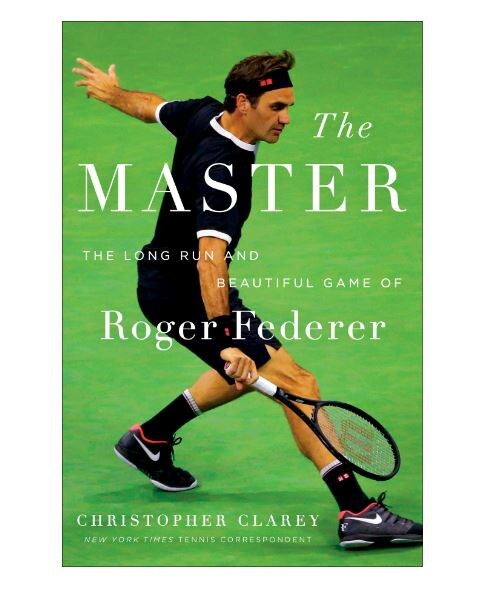tennis player roger federer on a green background for book cover of the master by christopher clarey