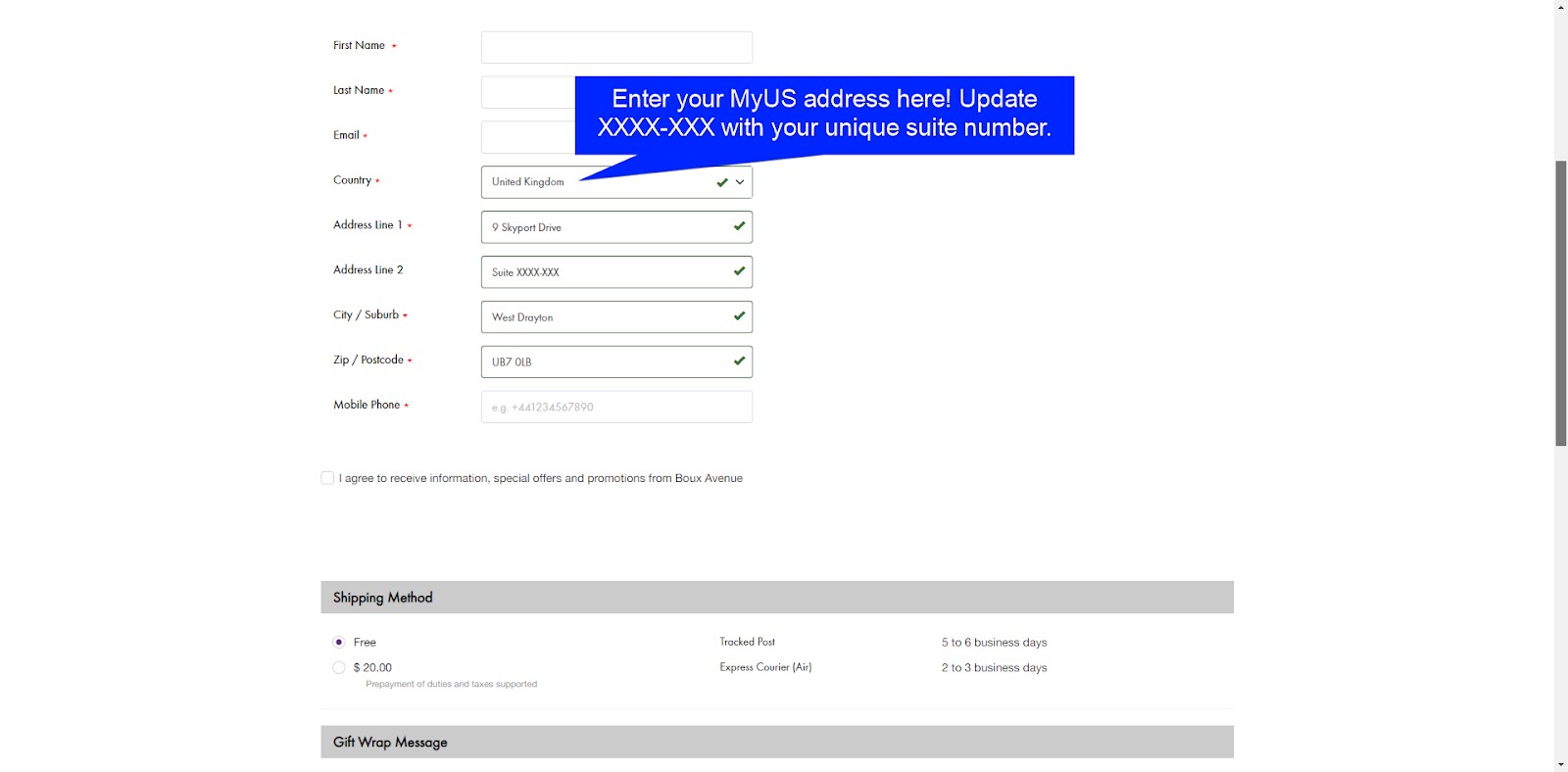 Add MyUS Address to Boux Avenue Guest Checkout