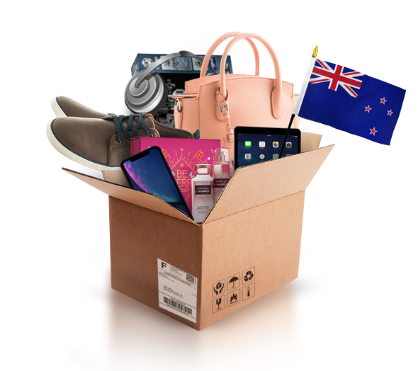 box with various products and the flag of new zealand