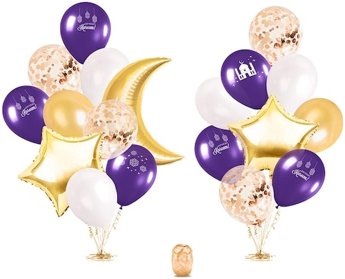 A set of sixteen purple, white, tan, and gold Jasmine and Marigold Balloons with star and moon shapes with a gold ribbon spool