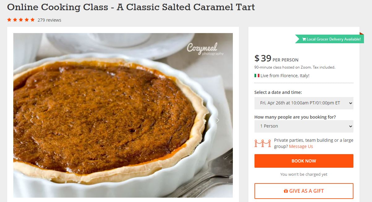 Screenshot of Cozymeal’s website showing one of their online cooking classes