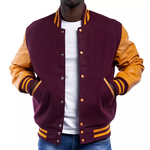 A snap-button maroon wool body letterman jacket with gold leather sleeves