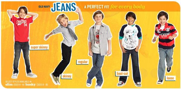 Five boys wearing different jeans from Old Navy