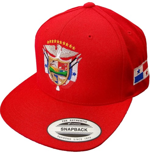 A red snapback cap with the Panama coat of arms on the front and the national flag on the side 