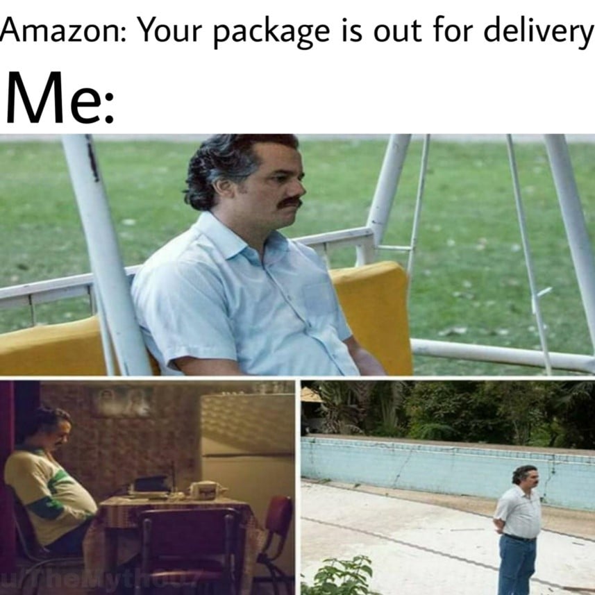 A meme of a lonely man waiting for his Amazon package