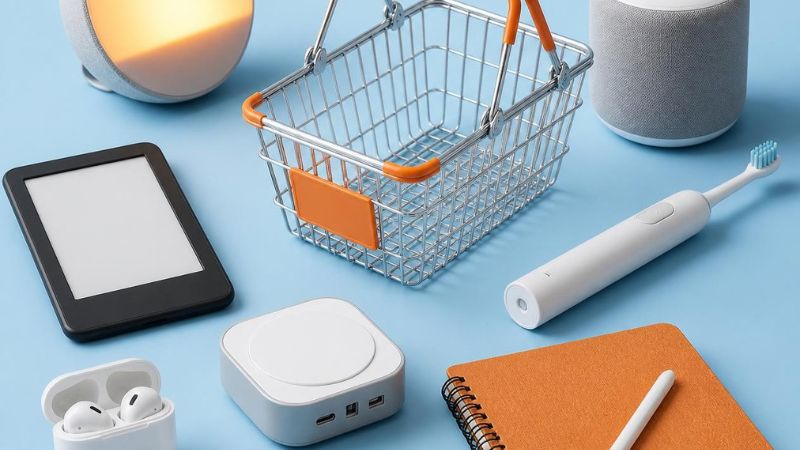 generic e-reader with a blank screen, wireless earbuds, a sunrise alarm clock, electric toothbrush, compact charging station, smart speaker, reusable digital notebook, and stylus around a small modern shopping basket