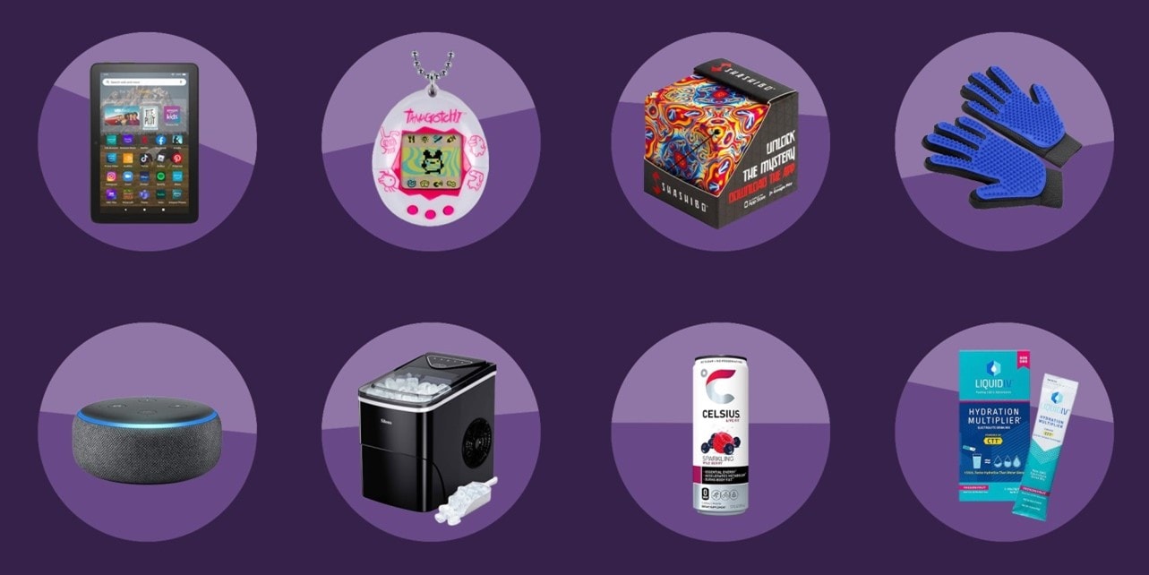 A selection of best-selling Amazon products on a purple background