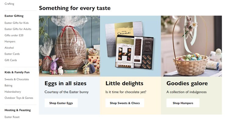 A screenshot of John Lewis’ website that shows 3 Easter-related categories: Eggs and egg-shaped stuff, candy and other delights, and Easter-themed décor. There’s a menu with other Easter-related searches on the left.