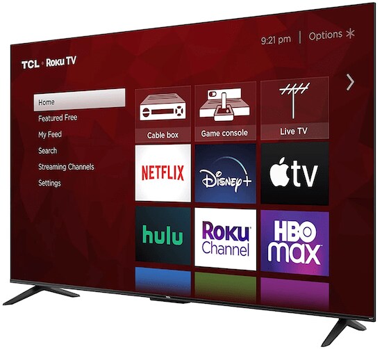 A black 55-inch TCL Class 4 Series 4K UHD Smart Roku TV with a red screen full of apps, images, and white words 
