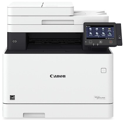 A white and black Canon ImageClass MF743 All-in-One Wireless Printer with a five-point digital touchscreen
