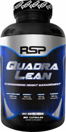 QuadraLean Thermogenic Food Supplement Capsules in silver and blue container