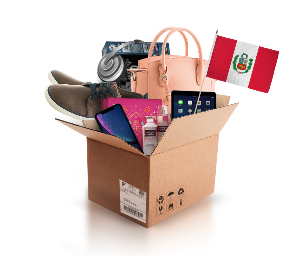 box with various products and the flag of peru