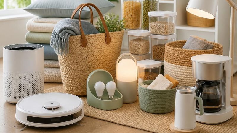 a generic compact robot vacuum, air purifier, clear storage containers, woven baskets, pantry organizers, smart light bulbs, coffee maker, milk frother, folded neutral bedding, and a modern desk lamp.