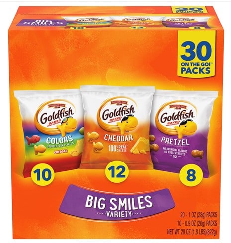 An orange box of 30 packs named “Big Smiles Variety”, displaying 3 different Goldfish crackers, including 10 packs of Colors crackers, 12 packs of Cheddar crackers, and 8 packs of Pretzel crackers