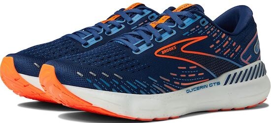 A pair of Blue Depths, Palace Blue, and Orange Brooks Glycerin GTS 20 gym shoes