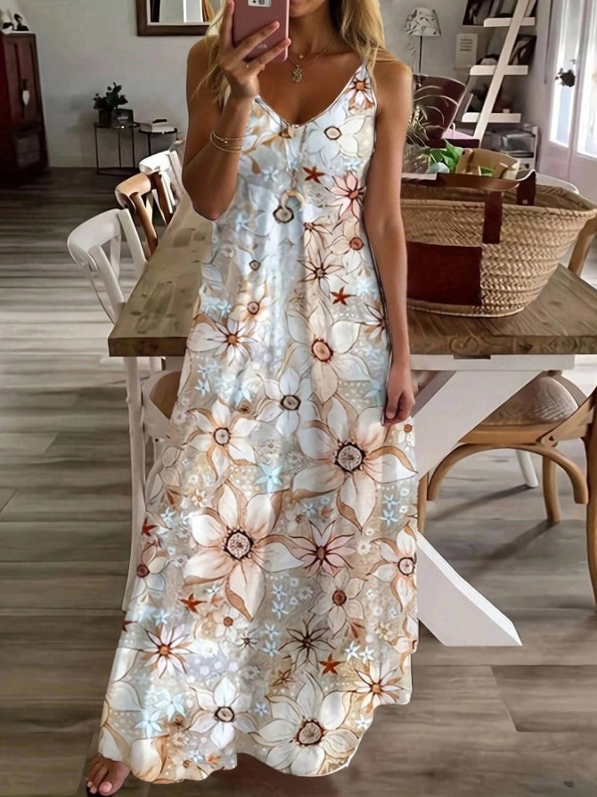 woman in a maxi floral dress