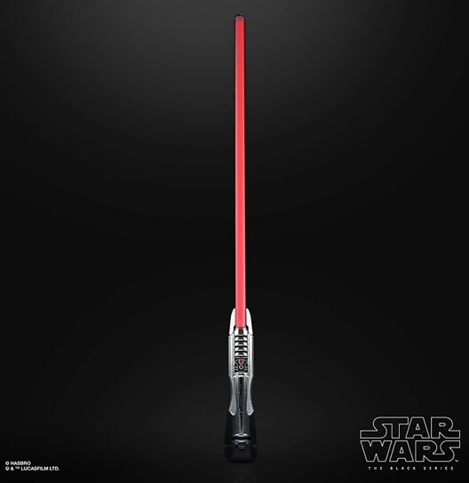 A photo of a lit red lightsaber on a black background and the Star Wars logo in the lower right corner