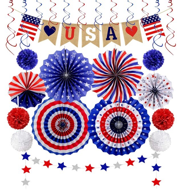 Red, white, and blue USA-themed decorative pieces, including stars, banners, pom-poms, and hanging swirls