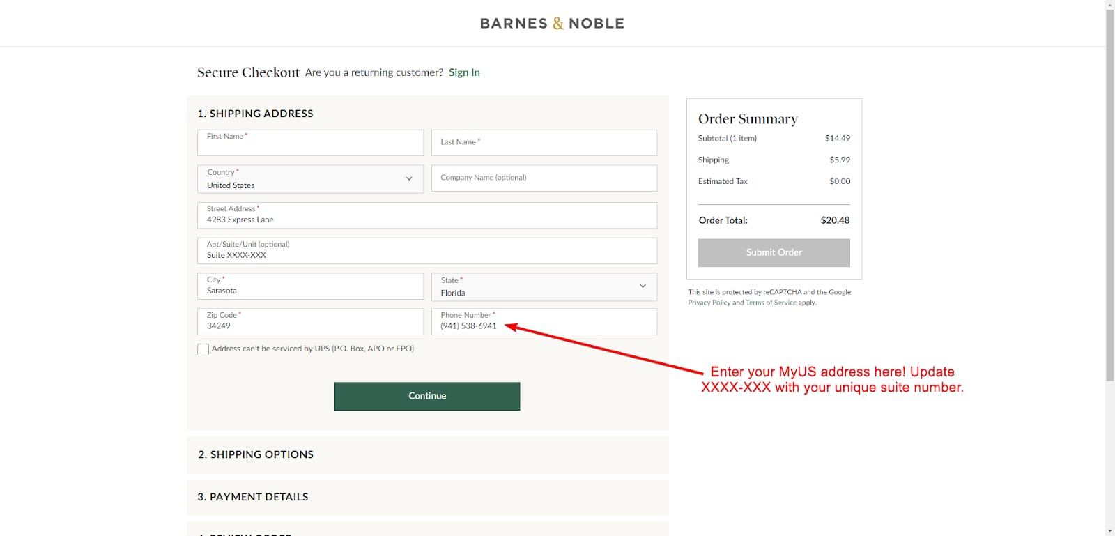 Add MyUS Address to Barnes & Noble Guest Checkout