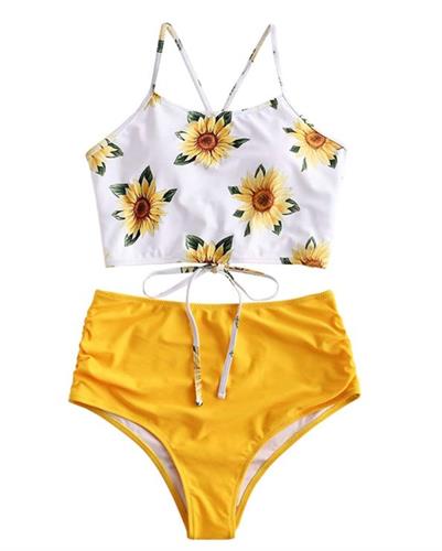 Women's yellow and white two piece swimsuit with sunflower print halter top