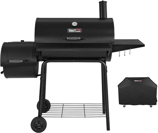 A black Royal Gourmet CC1830SC charcoal grill offset smoker with its black cover next to it.