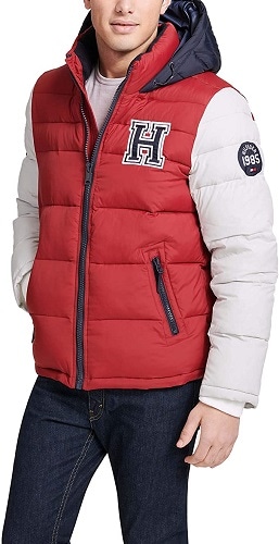Tommy Hilfiger Men’s red hooded puffer varsity jacket with white sleeves and Hilfiger logo embroidered to chest and sleeve.