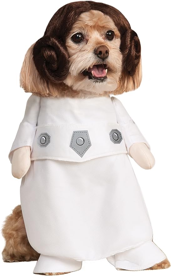 Dog wearing a white Princess Leia robe with a brown headpiece
