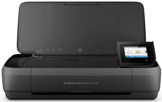 A black HP OfficeJet 250 Mobile All-in-One InkJet Printer with a white digital screen