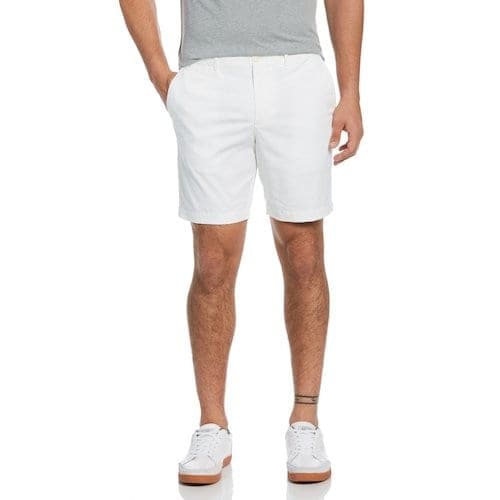 White Premium slim-fit stretch shorts combined with a grey T-shirt and white sneakers