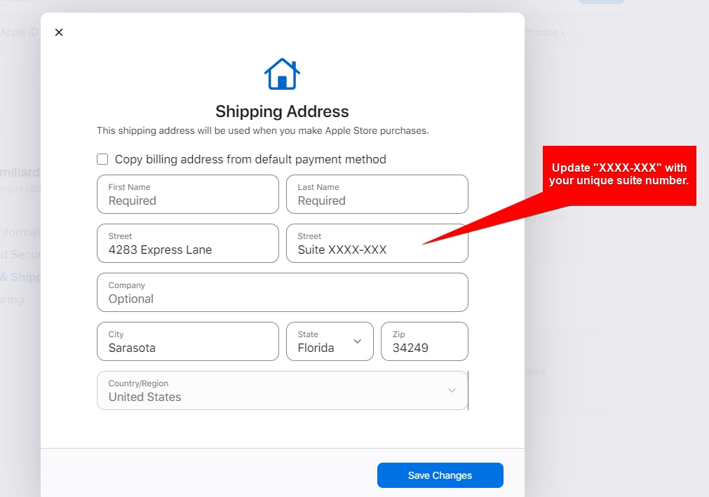 Adding MyUS address to Apple account