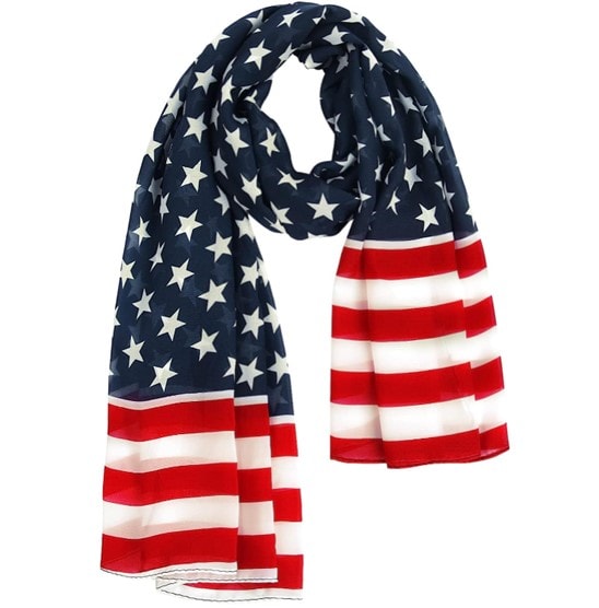 A simple American flag-themed scarf with stars in the middle and red and white stripes on the sides 