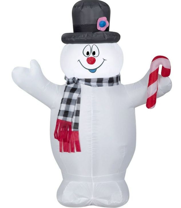 inflatable frosty the snowman with black top hat with pink flower and black and white scarf