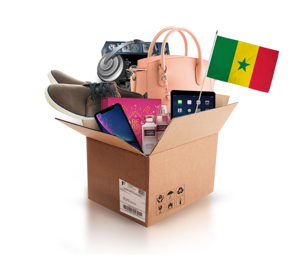 box with various products and the flag of Senegal