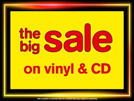 a yellow and red graphic advertising vinyl and CD sales