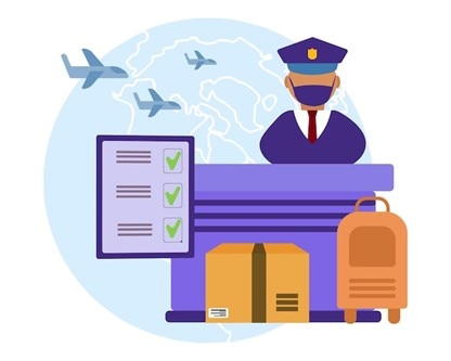 A vector illustration showing a customs officer at a counter