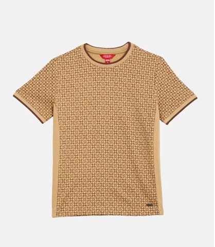 A beige T-Shirt with a brown Guess logo pattern on it