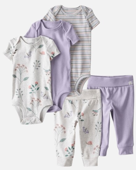 A 5 Pack Bundle of grey, purple, and multicolor Organic Cotton Bodysuits and Grow-With-Me Pants that feature flowers, butterflies, and birds