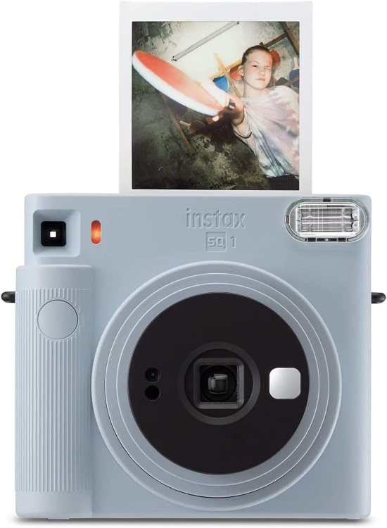 Fujifilm Instax Square SQ1 Instant camera starter kit in glacier blue with a printed film for demonstration