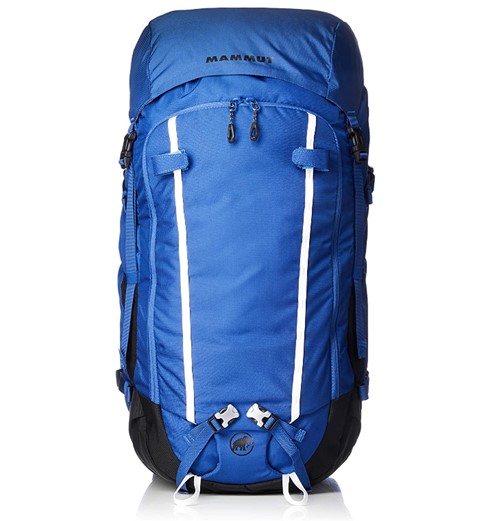 The Mammut Trion 50L backpack in dark blue and black combination with two white vertical stripes across the middle part