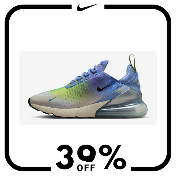 A purple, green, and white sneaker