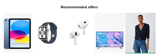 photos of an iPad, Apple Watch, Apple AirPods, a Samsung TV, and a woman wearing a black shirt and blue jeans